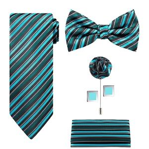 Mens 5pc Striped Neck Tie Bow Lapel Cuff Links Set
